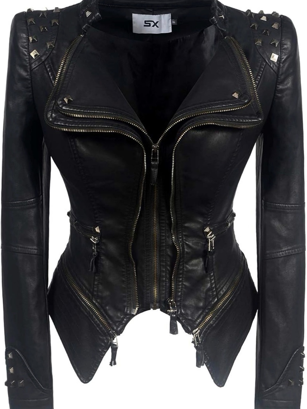 Women’s Black Studded Faux Leather Moto Jacket – Fitted Double-Zip Biker Jacket
